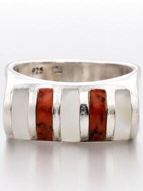 Vintage Sterling Silver 925 Zuni Style Shell Coral Inlay Band Ring